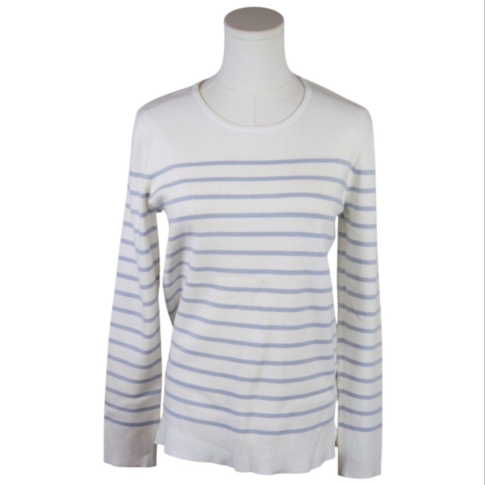 Kirkland Signature White Blue Striped Crewneck Sweater Small Lightweight Knit